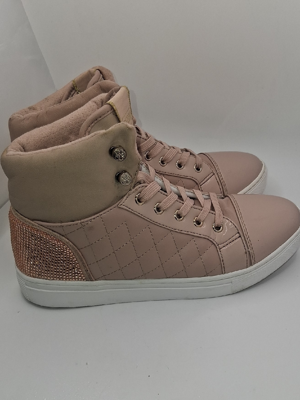 Guess Quilted High-Top Sneakers in Blush Pink with Rose Gold Accents